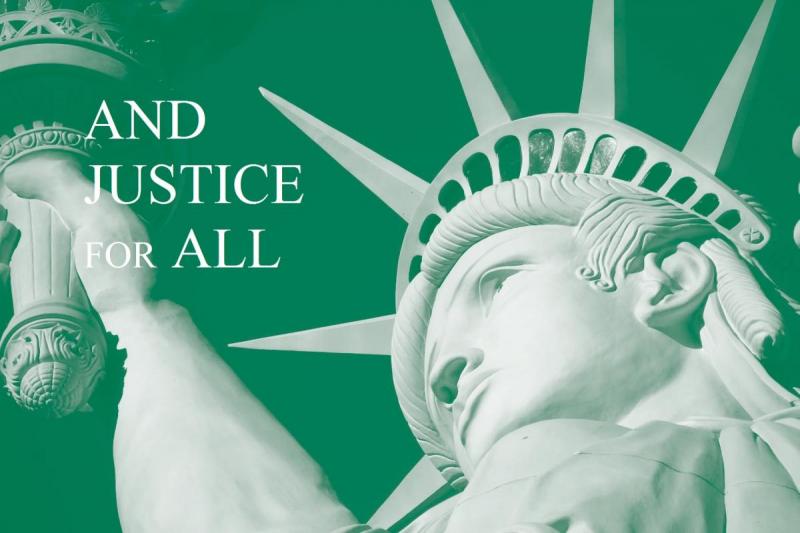 Statue of Liberty with the words and justice for all