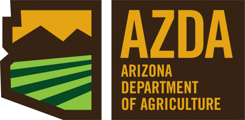 AZDA Arizona Department of Agriculture with logo showing sun between mountains over a field inside an outline of the State of Arizona
